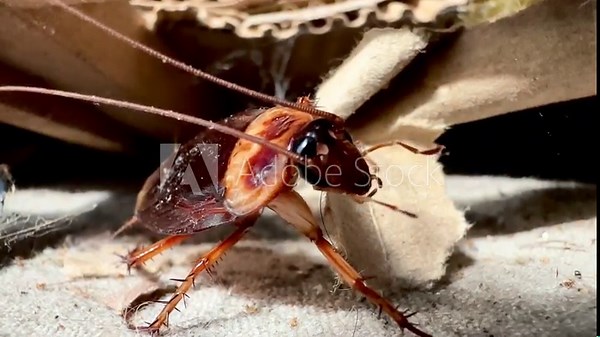 A close-up macro image of a dead cockroach lying face up on a dusty, old corrugated cardboard surface shows details of its legs, antennae, and body texture—a common sight in homes—and raises questio