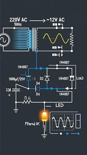 How a Bridge Rectifier Works - AC to DC in 15 Seconds (Animation) #aroc #electronic #ac #dc