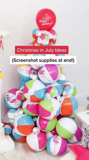 Repurpose summer beach gear for a Christmas in July party! Celebrate the way i used to down under, with these tropical beach party ideas! #christmasinjuly #christmasinjulyparty #summerpartyideas #flamingoparty #tropicalchristmas #summersanta #beachdecor #beachballtree #pineappletree #diypartydecor #partystylist #fernandmaplepartystyle #fernandmaple