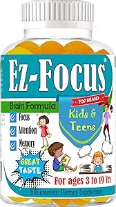 Ez-Focus Gummies for Kids, Teens and Youth – Brain Focus, Memory & Attention Support, DHA & Omega-3 for Kids, Concentration and Focus Supplement, Calm and Study Brain Vitamins 60 ct