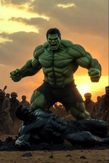 A massive green Hulk walking slowly on a dusty rural village road, small mud houses, evening golden