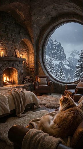 Cozy Mountain Cabin Bedroom with Fireplace & Snowy View | Winter Aesthetic #shorts