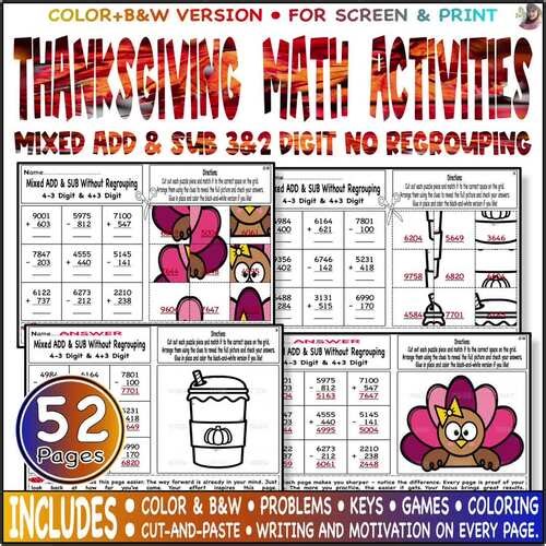 Mixed Add Subtract 3n2 digit without regrouping | Thanksgiving Math Activities.