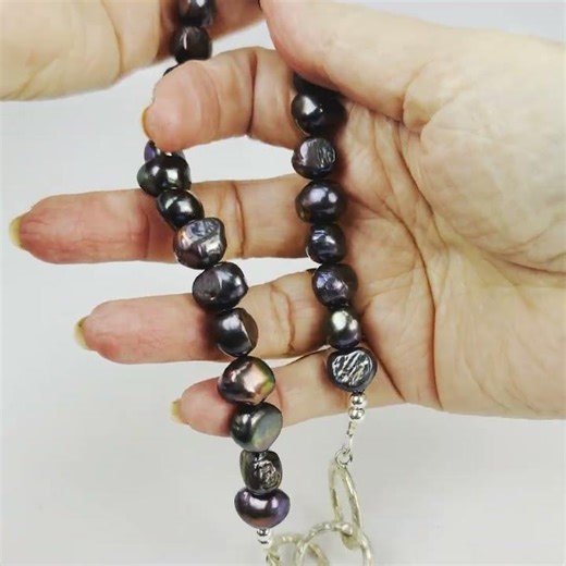 unusual pearl necklace with 3 sterling silver rings #pearlnecklace #giftsforher