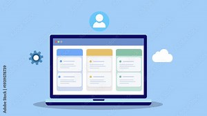 Flat vector animation of laptop dashboard with user icon, system settings gear, and cloud symbol representing cloud workflow management, digital collaboration, and business technology.