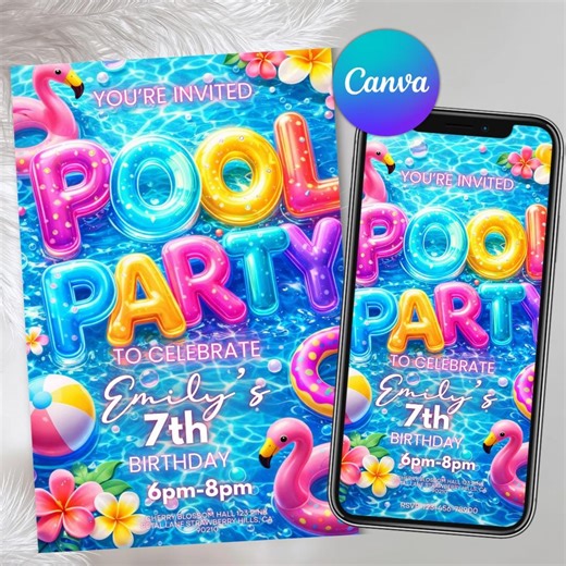 Girls Pool Party Birthday Invitation,pool Party Birthday,pool Party Invite,girls Teenage Birthday,summer Pool Party,editable,canva Template - Etsy