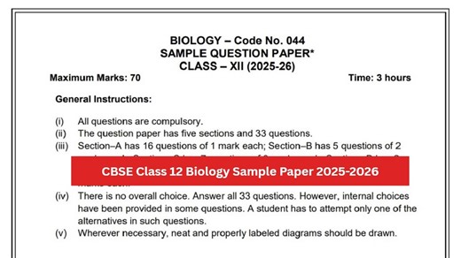 CBSE Class 12 Biology Sample Paper 2025-2026; Download Here