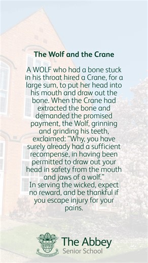 Welcome to week 2 of our reading series to celebrate literacy at The Abbey with #AbbeyBedtimeStories where every day until the end of term, a member of our Abbey community will read a classic Æsop Fable, helping to make reading more accessible to all and inspiring a love of stories across our school! But who is Æsop? He was born as a slave in 620 BC and was made a freedman as a young adult in reward for his learning and wit. He used this freedom to take an active interest in public affairs. We’l