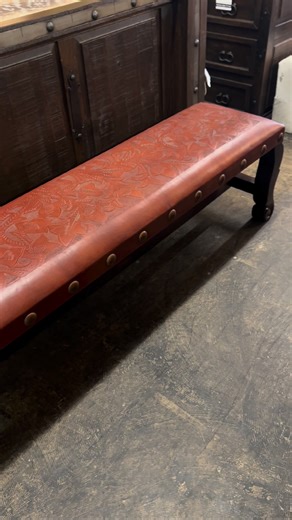 Rustic Charm with Bold Character 🤎 This handcrafted rustic bench brings warmth and personality to any space. Featuring a solid wood frame, hand-upholstered seat with decorative nailhead trim, and timeless craftsmanship, it’s perfect for an entryway, hallway, or at the foot of your bed. Available in: 💙 Turquoise Blue ❤️ Deep Rustic Red | Santa Fe Terra Western Furniture