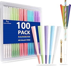 100 Pack Colorful Rolling Papers Pre Rolled Cones King Size - 108mm King Size Pre Rolls Paper with Filter Tips Rainbow cones Filling funnels/Mini Scoop/Packing Sticks