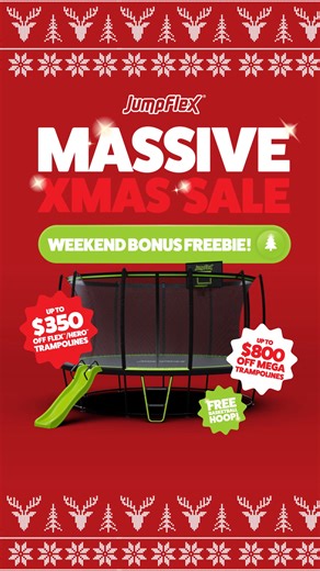 The Jumpflex Massive Christmas Sale - now with a bonus freebie this weekend! 🎄🎁 If you've been looking for a way to get the kids outdoors and having fun over the holidays, this might be the perfect option! 🙌 Save up to $350 across our range of stunning HERO™ & FLEX™ trampolines (8ft for smaller yards, right up to 15ft for bigger spaces)... ...or up to a massive $800 off our brand new MEGA™ range 💥 (17ft and 19ft). Plus for this weekend only, a free PROJAM™ basketball hoop & ball (valued at $