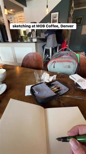 29K views · 1.1K reactions | POV sketch at MOB Coffee with Clyde Steadman. Sailor Fude de Mannen pen in Hahnemühle Bamboo sketchbook. #drawing #sketchbook #art #urbansketchers #penandink #paulheaston #perspective #povdrawing | Paul Heaston Art | Facebook