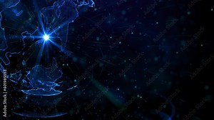 Digital blue planet of Earth. Rotating globe with shining continents. 3D animation with digital Earth and particles. Abstract global business concept.