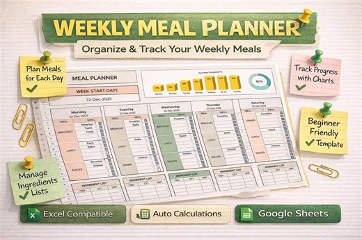 Weekly Monthly Meal Planner | Google Sheets & Excel Digital Template With Calendar Meal Prep Grocery List Template | Printable Meal Schedule - Etsy