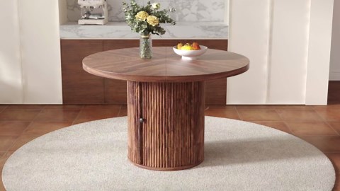 47" Round Wood Dining Table for 4/5/6 with Storage and Sliding Wood Door, Modern Farmhouse Circle Dining Table for Small Space, Used for Kitchen Living Room Apartment