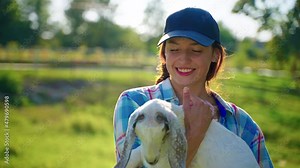 woman visitor of farm is holding little boer goat , ecotourism in cattle farm