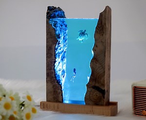 Handcrafted Turtle and Diver Resin Lamp: Ocean Night Light With Wood Base - Etsy
