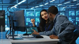 Multiethnic coworkers doing system analysis of server farm supercomputers using tablet. Diverse team of engineers looking at parameters in data center housing storage infrastructure Stock Video