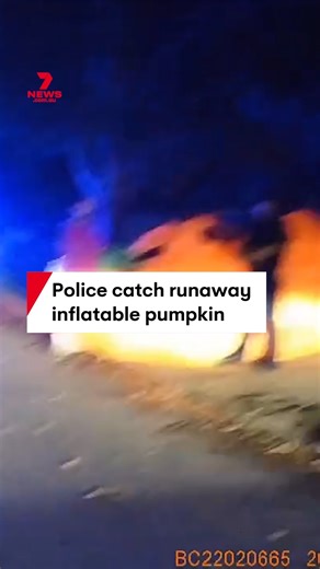 Ohio police have gone on pursuit of a runaway inflatable pumpkin after receiving calls of a large, orange inflatable object on the run. Body camera footage from the Parma Heights Police Department in Ohio shows that the inflatable pumpkin rolling down the street was difficult to grasp. Officers eventually stopped and detained the inflatable pumpkin on Tuesday night. After its capture, multiple officers attempted to deflate the pumpkin, but they failed and had to work together to push the giant o