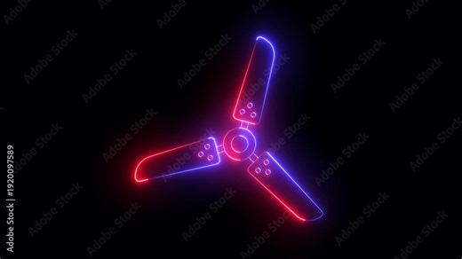 Glowing neon ceiling fan icon animation on black background. Electric fan icon. Fan with rotating blades, cooling, ventilation or air flow symbol. 4k video animation.
