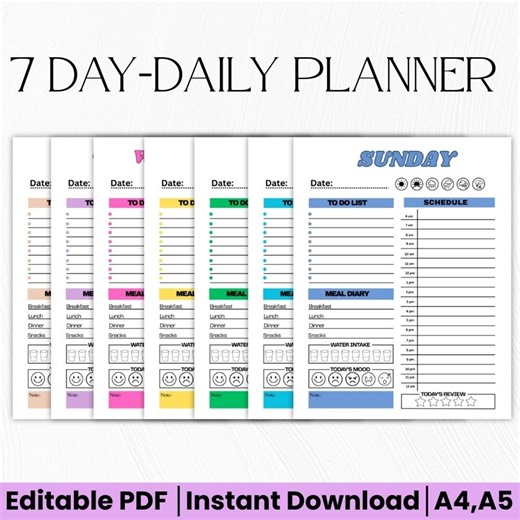 7 Day Daily Planner Printable | Editable PDF Weekly Planner | A4 A5 Instant Download