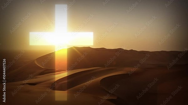 Christian, worship and religion with cross on desert overlay for icon, spiritual guide and symbol. Catholic, prayer and faith with crucifix graphic for gospel, Christmas holiday and Jesus christ