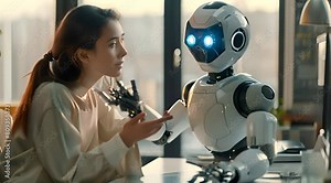An office scene where a female designer engages in conversation with a sleek and futuristic robot companion.