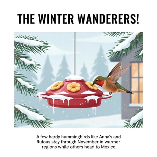 🐦 Did you know some hummingbirds are tougher than you think? ❄️ While most hummingbirds migrate to Mexico for winter, hardy species like Anna's and Rufous Hummingbirds actually stick around through November and beyond in warmer regions! Here's how YOU can help them survive: ✅ Keep your feeders up through fall and winter ✅ Change nectar every 3-5 days (more often in warm weather) ✅ Use a 4:1 water-to-sugar ratio (no red dye!) ✅ Bring feeders in at night if temps drop below freezing ✅ Plant winte