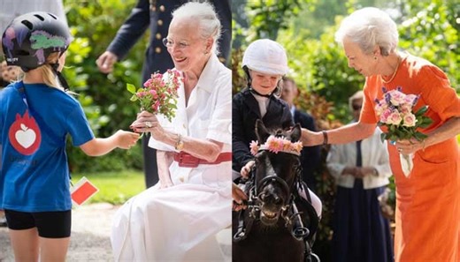 Queen Margrethe, Princess Benedikte greet young riders at Gråsten castle