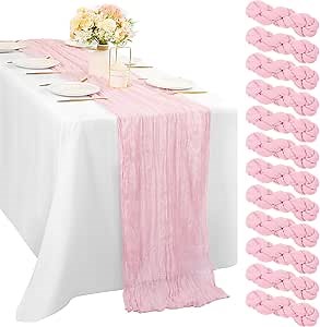 Light Pink 12 Pcs Cheesecloth Table Runner 10FT Runner for Tables Gauze Fabric 35 x 120 Inches Long Boho Table Runner Decoration Rustic Sheer Runner for Wedding Birthday Baby Shower Party (Light Pink)