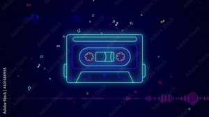 neon cassette tape,music concept animation footage,colorful music notes and sound wave music equalizer,neon light show,dark blue gradient background