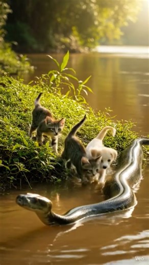 Kittens and puppies meet a big Python. #wildlife #nature #pets
