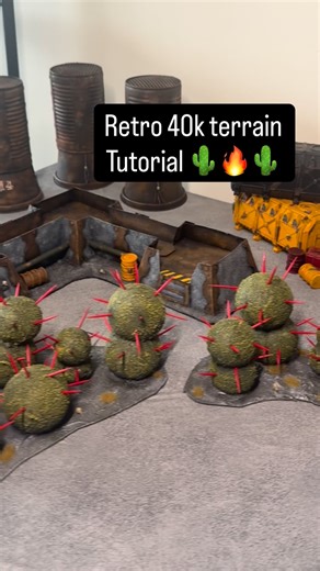 James on Instagram: "Retro 40k Terrain guide ( Alien Cacti 🌵) • Grab a polystyrene ball then cut each side, cut one side of the ball your going to stack then glue it together ( Added a Cocktail stick for strength) • Repeat this with all different shapes and sizes until happy. • Mix up some PVA, Sand and your base coat then lash it on. • While that is drying Do yourself a favour here and Spray all your cocktail sticks whatever colour you want them to be ( this is going to save you time painting 