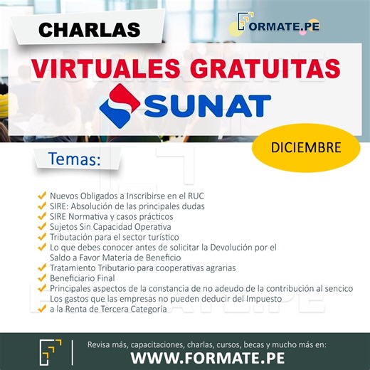 #SUNAT | Charlas virtuales gratuitas de Orientación Tributaria a A nivel Nacional y con certificación ✅Más información👉 https://www.formate.pe/informacion-sunat-charlas-virtuales-gratuitos-3675.html | Formate.pe - Cursos, Becas, Libros, Capacitaciones