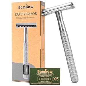 Bambaw Double Edge Safety Razor for Men & Women, Metal Razor with 5 Double Edge Safety Razor Blades, Eco-Friendly Razor – Silver