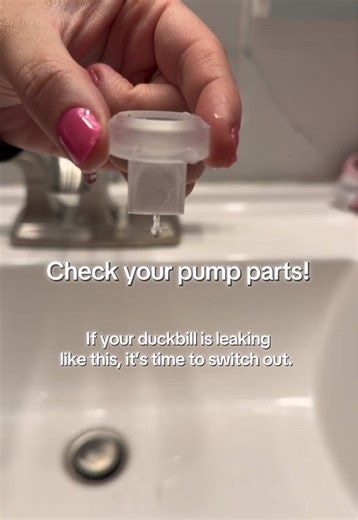I’m 7 months into pumping and it’s time to switch the duckbill valve out. Always check if it keeps water. If it leaks out, it’s time to replace them. #pumpingmom #pumpparts #pumpingjourney #firsttimemom #breastfeeding