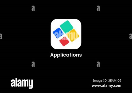 A colorful applications grid icon featuring four colored squares in red blue yellow and green representing a multitasking app launcher or Microsoft-style interface Stock Video Footage - Alamy