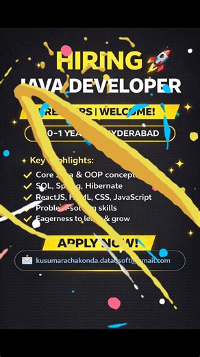 Java Developer Jobs for Freshers 🚀 | 0–1 Years | Hyderabad Hiring | Apply Now