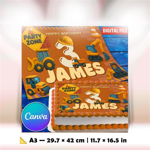 Editable Construction Birthday Cake Topper | Printable Canva Template 11x16 in | Digital Party Decoration - Etsy