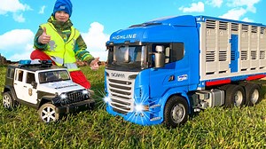 515K views · 4.5K reactions | Street Cars and Police car stuck. Bruder Toys Scania Cattle Lorry came to help | OneDay Alex | Facebook