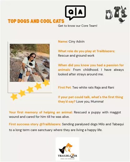 Trailblazer Animal Care Foundation on Instagram: "Hey, want to learn a little bit about our core team members? Here we go! Meet Ciny Advin from Dabolim With hands-on experience in rescue and care giving, she brings practical insight to urgent situations. At Trailblazer, she leads on-ground rescue efforts, supports on-location treatment, and coordinates closely with citizens during emergencies. Cheers, @cinypeter ! Thanks for all that you do! Watch this space to know more about these ordinary peo