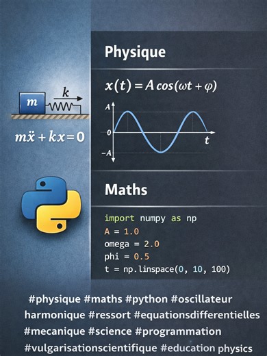 Physique - Maths et Python: Etude de Ressort et resolution de son équation diff via maths et Python #physique #maths #python #oscillateurharmonique #ressort #equationsdifferentielles #mecanique #science #programmation #vulgarisationscientifique #education #physics #mathematics #differentialequations #pythonprogramming