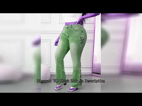 Plus Size Elegant Bootcut Denim Jeans for Women Tummy Control High Rise Curvy Fit Floral Design Slim