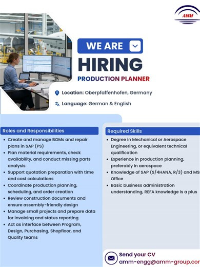 Exciting opportunity for an experienced Production planner to join a leading client on a major project in Germany. Position: Production planner Location: Oberpfaffenhofen, Germany Language: German & English This role is open only to candidates currently located in Germany Share your CV at amm-engg@amm-group.com 👉 Explore all our job openings: amm-group.com/careers #germanyjobs #jobsingermany #jobsearchgermany #jobsgermany #germanyjobseeker #germany #nowhiring #AircraftMechanic #AviationJobs #En