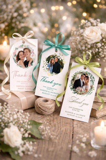 Personalized Wedding Thank You Tags With Matching Ribbon, Custom Photo Favor Tags, Greenery Wedding Style,set of 10 - Etsy