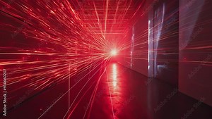 A captivating laser light show features intense red beams crisscrossing a dark room. The reflective surfaces create a mesmerizing pattern. The futuristic setting evokes a science-fiction ambiance.