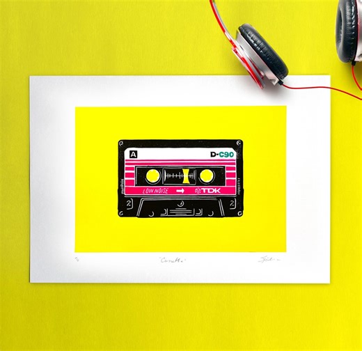 Mixed Tape (Fluorescent Pink & Teal) Original Lino Print