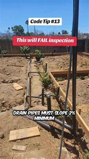 Underground plumbing FAIL ❌ Drain pipes must slope minimum 2% (1/4” per foot). 4”  pipe can go 1% but don’t miss it. CPC 708.1 #buildinginspector #undergroundplumbing #plumbingcode #plumbingcode #buildingcodes