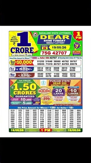 Dear Lottery Result Today 1pm 19.05.2026 #dearlottery #short #lotteryresult