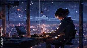 Lofi Anime Girl is programming at a computer, cozy, dramatic lighting, highly detailed, incredible quality, trending on artstation, masterpiece, 8k, woman working on laptop, wallpaper,. Stock Video